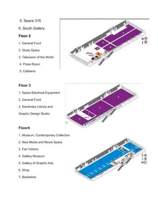 5. Space 315
6. South Gallery
Floor 2
1. General Fund
2. Study Space
3. Television of the World
4. Press Room
5. Cafeteria
Floor 3
1. Space Electrical Equipment
2. General Fund
3. Kandinsky Library and
Graphic Design Studio
Floor4
1. Museum, Contemporary Collection
2. New Media and Movie Space
3. Fair Visitors
4. Gallery Museum
5. Gallery of Graphic Arts
6. Shop
7. Bookstore
 