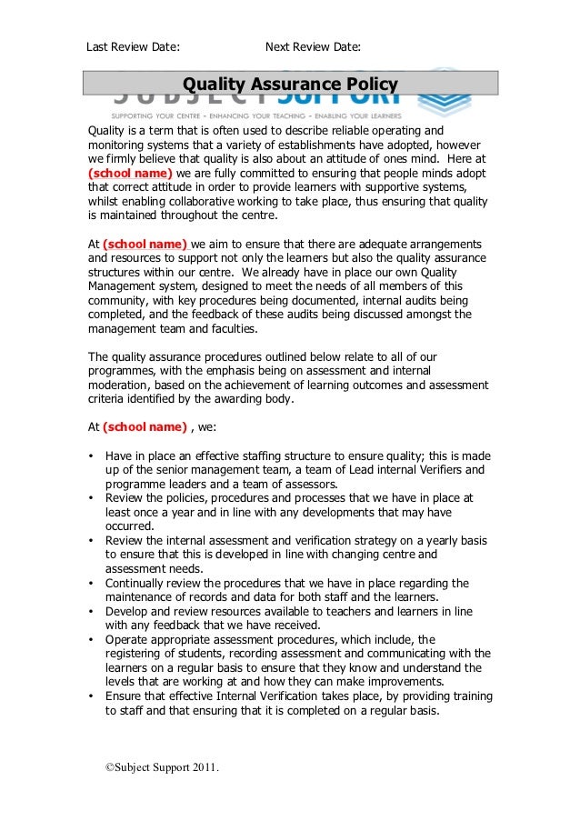 Centre Quality Review sample