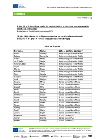 CENTRES (Creative Entrepreneurship in Schools) project has been funded with support from the European Commission. 
This publication reflects the views only of the author, and the Commission cannot be held responsible for any use which 
may be made of the information contained therein. 
www.centres-eu.org 
With the support of the Lifelong Learning Programme of the European Union 
8.30 – 10.14: International model for mentor training to introduce enterpreneurship in schools (workshop) 
Paula Winzar, Real Idea Organization (RIO) 
10.30 – 13.00: Mentoring in Slovenian practice for vocational education and overview of the project content (discussions and next steps) 
List of participants 
Surname 
Name 
School center / Company 
Ahčin 
Andreja 
Biotechnological center Naklo 
Božnar 
Bernarda 
Biotechnological center Naklo 
Celar 
Metka 
Biotechnological center Naklo 
Jerič Stefe 
Sonja 
Biotechnological center Naklo 
Kolenc Artiček 
Majda 
Biotechnological center Naklo 
Logar 
Mojca 
Biotechnological center Naklo 
Mavrin 
Darja 
Biotechnological center Naklo 
Romšek 
Tomo 
Biotechnological center Naklo 
Šink 
Nataša 
Biotechnological center Naklo 
Gorjanc 
Veronika 
Biotechnological center Naklo 
Vovk 
Marjeta 
Biotechnological center Naklo 
Gorenc 
Mirko 
School center Novo Mesto 
Benkovič 
Tina 
School center Novo Mesto 
Bradač 
Miha 
School center Novo Mesto 
Brvar 
Matjaž 
School center Novo Mesto 
David 
Štefan 
School center Novo Mesto 
Delajković 
Goran 
School center Novo Mesto 
Gantar 
Leopold 
School center Novo Mesto 
Kunič 
Natalija 
School center Novo Mesto 
Muhič 
Urška 
School center Novo Mesto 
Nosan 
Uros 
School center Novo Mesto 
Parkelj 
Vesna 
School center Novo Mesto 
Račič 
Marija 
School center Novo Mesto 
Zadnik 
Bojan 
School center Novo Mesto 
Kosednar 
Zdenka 
School center Ptuj 
Kumer 
Branko 
School center Ptuj 
Mlakar 
Andreja 
School center Ptuj  
