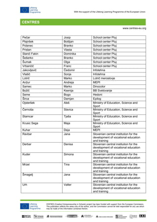 CENTRES (Creative Entrepreneurship in Schools) project has been funded with support from the European Commission. 
This publication reflects the views only of the author, and the Commission cannot be held responsible for any use which 
may be made of the information contained therein. 
www.centres-eu.org 
With the support of the Lifelong Learning Programme of the European Union 
Pečar 
Josip 
School center Ptuj 
Plajnšek 
Boštjan 
School center Ptuj 
Polanec 
Branko 
School center Ptuj 
Prislan 
Vlasta 
School center Ptuj 
Slanič Fakin 
Dominika 
School center Ptuj 
Šešerko 
Branko 
School center Ptuj 
Šumak 
Olga 
School center Ptuj 
Vrbančič 
Franc 
School center Ptuj 
Jakovljevič 
Čedomir 
Infotehna 
Vlašič 
Sonja 
Infotehna 
Lotrič 
Marko 
Lotrič meroslovje 
Anžur 
Andreja 
MEPI 
Samec 
Marko 
Dinocolor 
Božič 
Ksenija 
BB Svetovanje 
Seme 
Bogo 
Hedoni 
Širca 
Damjan 
Epilog 
Ojsteršek 
Aleš 
Ministry of Education, Science and Sport 
Černoša 
Slavica 
Ministry of Education, Science and Sport 
Stamcar 
Tjaša 
Ministry of Education, Science and Sport 
Krusic Sega 
Maja 
Ministry of Education, Science and Sport 
Kuhar 
Deja 
MEPI 
Ravbar 
Jana 
Slovenian central institution for the development of vocational education and training 
Derbar 
Denisa 
Slovenian central institution for the development of vocational education and training 
Kuder 
Simona 
Slovenian central institution for the development of vocational education and training 
Mrzel 
Tina 
Slovenian central institution for the development of vocational education and training 
Šmagelj 
Jana 
Slovenian central institution for the development of vocational education and training 
Urh 
Valter 
Slovenian central institution for the development of vocational education and training  
