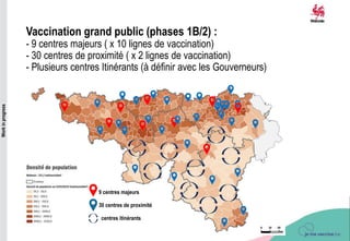 1
CentresVacinationWallonie-1B-2 - Volg.pptx
Work
in
progress
9 centres majeurs
30 centres de proximité
centres itinérants
Vaccination grand public (phases 1B/2) :
- 9 centres majeurs ( x 10 lignes de vaccination)
- 30 centres de proximité ( x 2 lignes de vaccination)
- Plusieurs centres Itinérants (à définir avec les Gouverneurs)
 