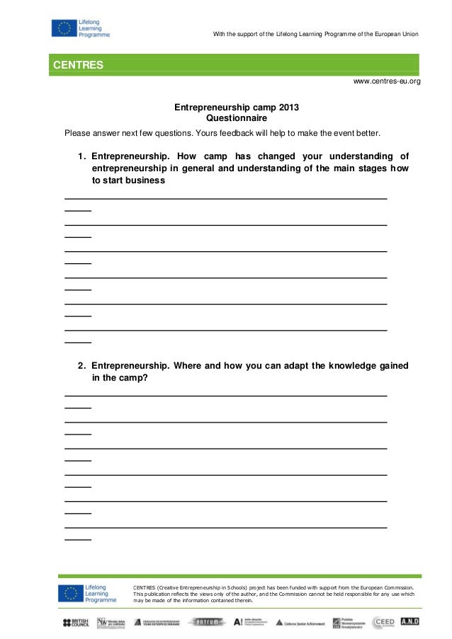 Centres Evaluation Questionnaire For The Students Summer Camp