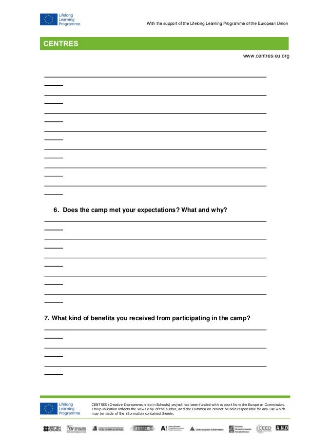 Centres Evaluation Questionnaire for the students' summer camp