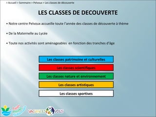 > Accueil > Sommaire > Pelvoux > Les classes de découverte


                           LES CLASSES DE DECOUVERTE
• Notre centre Pelvoux accueille toute l’année des classes de découverte à thème

• De la Maternelle au Lycée

• Toute nos activités sont aménageables en fonction des tranches d’âge



                                  Les classes patrimoine et culturelles

                                           Les classes scientifiques

                                  Les classes nature et environnement

                                            Les classes artistiques

                                             Les classes sportives
 