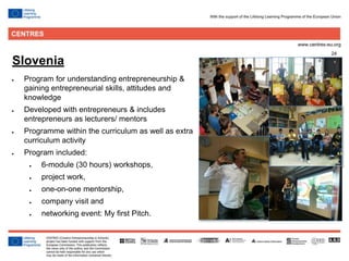 24
Slovenia
● Program for understanding entrepreneurship &
gaining entrepreneurial skills, attitudes and
knowledge
● Developed with entrepreneurs & includes
entrepreneurs as lecturers/ mentors
● Programme within the curriculum as well as extra
curriculum activity
● Program included:
● 6-module (30 hours) workshops,
● project work,
● one-on-one mentorship,
● company visit and
● networking event: My first Pitch.
 