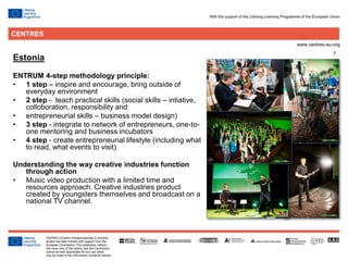 7
Estonia
ENTRUM 4-step methodology principle:
• 1 step – inspire and encourage, bring outside of
everyday environment
• 2 step - teach practical skills (social skills – intiative,
colloboration, responsibility and
• entrepreneurial skills – business model design)
• 3 step - integrate to network of entrepreneurs, one-to-
one mentoring and business incubators
• 4 step - create entrepreneurial lifestyle (including what
to read, what events to visit)
Understanding the way creative industries function
through action
• Music video production with a limited time and
resources approach. Creative industries product
created by youngsters themselves and broadcast on a
national TV channel.
 