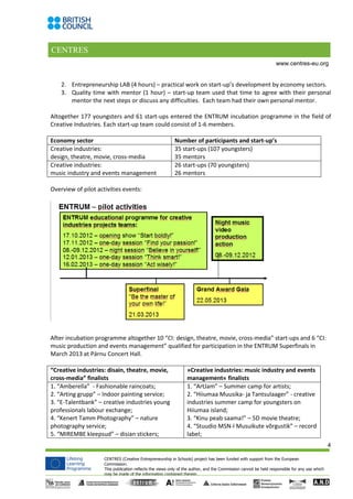 CENTRES
4
CENTRES (Creative Entrepreneurship in Schools) project has been funded with support from the European
Commission.
This publication reflects the views only of the author, and the Commission cannot be held responsible for any use which
may be made of the information contained therein.
www.centres-eu.org
2. Entrepreneurship LAB (4 hours) – practical work on start-up’s development by economy sectors.
3. Quality time with mentor (1 hour) – start-up team used that time to agree with their personal
mentor the next steps or discuss any difficulties. Each team had their own personal mentor.
Altogether 177 youngsters and 61 start-ups entered the ENTRUM incubation programme in the field of
Creative Industries. Each start-up team could consist of 1-6 members.
Economy sector Number of participants and start-up’s
Creative industries:
design, theatre, movie, cross-media
35 start-ups (107 youngsters)
35 mentors
Creative industries:
music industry and events management
26 start-ups (70 youngsters)
26 mentors
Overview of pilot activities events:
After incubation programme altogether 10 “CI: design, theatre, movie, cross-media” start-ups and 6 “CI:
music production and events management” qualified for participation in the ENTRUM Superfinals in
March 2013 at Pärnu Concert Hall.
“Creative industries: disain, theatre, movie,
cross-media” finalists
»Creative industries: music industry and events
management« finalists
1. “Amberella” - Fashionable raincoats;
2. “Arting grupp” – Indoor painting service;
3. “E-Talentbank” – creative industries young
professionals labour exchange;
4. “Kenert Tamm Photography” – nature
photography service;
5. “MIREMBE kleepsud” – disian stickers;
1. “ArtJam” – Summer camp for artists;
2. “Hiiumaa Muusika- ja Tantsulaager” - creative
industries summer camp for youngsters on
Hiiumaa island;
3. “Kinu peab saama!” – 5D movie theatre;
4. “Stuudio MSN-I Musuikute võrgustik” – record
label;
 
