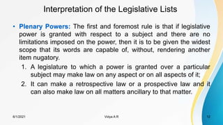 Interpretation of the Legislative Lists
• Plenary Powers: The first and foremost rule is that if legislative
power is granted with respect to a subject and there are no
limitations imposed on the power, then it is to be given the widest
scope that its words are capable of, without, rendering another
item nugatory.
1. A legislature to which a power is granted over a particular
subject may make law on any aspect or on all aspects of it;
2. It can make a retrospective law or a prospective law and it
can also make law on all matters ancillary to that matter.
6/1/2021 Vidya A R 12
 