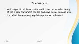 Residuary list
• With respect to all those matters which are not included in any
of the 3 lists, Parliament has the exclusive power to make laws.
• It is called the residuary legislative power of parliament.
6/1/2021 Vidya A R 7
 