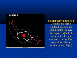 développement linaire :
Ce fait d’une part et
d’autre d’une ossature
urbaine allongée avec
convergence latérale du
réseau viaire, les sites
concernés : les vallées,
cours d’eau, rivage
maritime (cas d’Alger).
 
