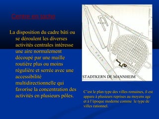 Centre en tache
La disposition du cadre bâti ouLa disposition du cadre bâti ou
se déroulent les diversesse déroulent les diverses
activités centrales intéresseactivités centrales intéresse
une aire normalementune aire normalement
découpé par une mailledécoupé par une maille
routière plus ou moinsroutière plus ou moins
régulière et serrée avec unerégulière et serrée avec une
accessibilitéaccessibilité
multidirectionnelle quimultidirectionnelle qui
favorise la concentration desfavorise la concentration des
activités en plusieurs pôles.activités en plusieurs pôles.
STADTKERNSTADTKERN DE MANNHEIMDE MANNHEIM
C’est le plan type des villes romaines, il estC’est le plan type des villes romaines, il est
apparu à plusieurs reprises au moyens ageapparu à plusieurs reprises au moyens age
et à l’époque moderne comme le type deet à l’époque moderne comme le type de
villes rationnel.villes rationnel.
 