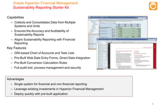 Oracle Hyperion Financial Management
    Sustainability Reporting Starter Kit

Capabilities
  – Collects and Consolidates Data from Multiple
    Systems and Units
  – Ensures the Accuracy and Auditability of
    Sustainability Reports
  – Aligns Sustainability Reporting with Financial
    Reporting
Key Features
  – GRI-based Chart of Accounts and Task Lists
  – Pre-Built Web Data Entry Forms, Direct Data Integration
  – Pre-Built Conversion Calculation Rules
  – Full audit trail, process management and security


Advantages
  – Single system for financial and non-financial reporting
  – Leverage existing investments in Hyperion Financial Management
  – Deploy quickly with pre-built application


                                                                     15


   Experts in Enterprise Performance Management
 