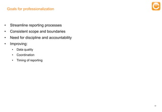Goals for professionalization

                                                      Training
•    Streamline reporting processes
•    Consistent scope and boundaries
•    Need for discipline and accountability
•    Improving:
       •   Data quality
       •   Coordination
       •   Timing of reporting




                                                                 20


       Experts in Enterprise Performance Management
 