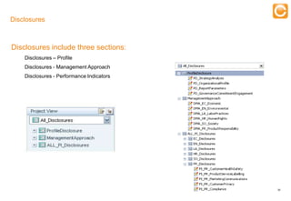 Disclosures

                                                  Training
Disclosures include three sections:
    Disclosures – Profile
    Disclosures - Management Approach
    Disclosures - Performance Indicators




                                                             36


   Experts in Enterprise Performance Management
 