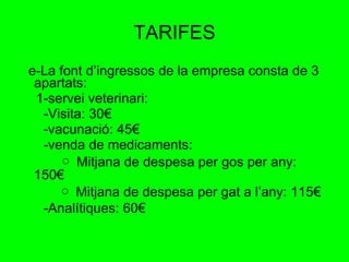 TARIFES e-La font d’ingressos de la empresa consta de 3 apartats: 1-servei veterinari: -Visita: 30€ -vacunació: 45€ -venda de medicaments:  ￮  Mitjana de despesa per gos per any: 150€ ￮  Mitjana de despesa per gat a l’any: 115€ -Analítiques: 60€ 