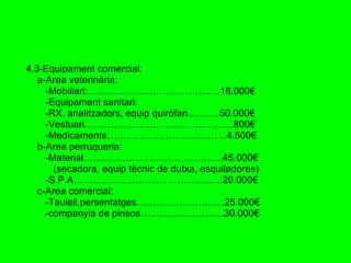 4.3-Equipament comercial: a-Area veterinària: -Mobiliari:…………………………………..18.000€ -Equipament sanitari: -RX, analitzadors, equip quiròfan.………50.000€ -Vestuari……………………………………….800€ -Medicaments……………………………….4.500€ b-Area perruqueria: -Material…………………………………….45.000€ (secadora, equip tècnic de dutxa, esquiladores) -S.P.A……………………………………….20.000€ c-Area comercial: -Taulell,persentatges………………………25.000€ -companyia de pinsos……………………..30.000€ 