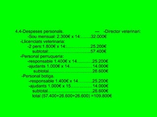 4.4-Despeses personals.  ---  -Director veterinari:   -Sou mensual: 2.300€ x 14:…….32.000€ -Llicenciats veterinaria: -2 pers:1.800€ x 14:……………..25.200€ subtotal:………………………..57.400€ -Personal perruqueria: -responsable 1.400€ x 14………..25.200€ -ajudants 1.000€ x 14…………….14.000€ subtotal…………………………26.600€ -Personal botiga. -responsable 1.400€ x 14……….25.200€ -ajudants 1.000€ x 15……………14.000€    subtotal………………………….26.600€ total (57.400+26.600+26.600) =109.800€ 