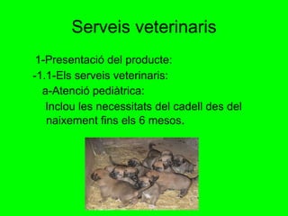 Serveis veterinaris 1-Presentació del producte: -1.1-Els serveis veterinaris: a-Atenció pediàtrica: Inclou les necessitats del cadell des del  naixement fins els 6 mesos . 