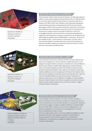 Il Centro Spaziale del Lario (Como) è operativo dal 1976. Ha avviato le attività con gli
esperimenti di propagazione in banda Ku attraverso il satellite italiano Sirio 1 e per i
collegamenti analogici di telefonia e televisione con gli Stati Uniti e i Paesi del Medio ed
Estremo oriente, attraverso i satelliti Intelsat. Oggi, attraverso il Network Operation
Center, il Lario assicura la gestione operativa di reti di telecomunicazioni per utenti
corporate e istituzionali. Sono gestiti, inoltre, sistemi di comunicazione a banda larga
interattiva satellitare per servizi di emergenza per la Protezione Civile, Vigili del Fuoco e
Polizia. Dal Lario si gestiscono le attività di Customer Care/Help Desk verso i clienti, per
i servizi di infomobilità (telefonia, fax e dati per mezzi mobili e imbarcazioni, con
copertura europea) e per i servizi di navigazione e messaging, con copertura globale.
Attraverso il National Television Control Center sono gestiti servizi televisivi (accesso al
segmento spaziale e gestione degli impianti di up-link fissi e mobili) per i maggiori
broadcasters italiani e internazionali.
CENTRO SPAZIALE DEL LARIO
CENTRO SPAZIALE DI MATERA
CENTRO SPAZIALE DI SCANZANO
Il Centro Spaziale di Matera è stato realizzato da Telespazio nel 1994. Oggi è gestito da
e-GEOS, la società costituita dall’Agenzia Spaziale Italiana (20%) e da Telespazio (80%)
cui sono state conferite nel 2009 le attività operative di osservazione della Terra di
Telespazio. Dal 1983 al 2009, inoltre, Telespazio è stata responsabile della gestione
operativa dell’adiacente Centro di Geodesia Spaziale dell’ASI. Anche tale attività è
gestita oggi da e-GEOS. Il Centro provvede all’acquisizione, elaborazione e archiviazione
dei dati telerilevati dai principali satelliti di osservazione della Terra, alla produzione e
distribuzione di immagini e prodotti, allo sviluppo di applicazioni e servizi per il
monitoraggio ambientale. Il personale del Centro ha partecipato alla progettazione,
integrazione e test della Stazione di ricezione e processamento dati del segmento civile
della costellazione satellitare italiana COSMO-SkyMed, e ne garantisce - dal lancio del
primo satellite nel 2007 - i servizi operativi e di manutenzione. Dal 2012, infine, il
Centro Spaziale di Matera è una delle quattro stazioni del Core Ground Segment di
Copernicus (ex GMES), il programma di osservazione della Terra europeo, e riceverà i
dati radar e ottici acquisiti dai satelliti Sentinel.
Il Centro Spaziale di Scanzano (Palermo) è entrato in funzione nel 1989. La
struttura è dedicata ai servizi di hosting di una gateway in banda Ka per servizi di
internet bidirezionale per conto del cliente SkyLogic e di una stazione di riferimento
nell’ambito del progetto di navigazione satellitare EGNOS per l’European Satellite
Services Provider (ESSP). Scanzano si trova al centro del Mediterraneo in una
posizione privilegiata per le comunicazioni con aree geografiche come Africa,
Bacino del Mediterraneo, Estremo oriente.
Nel Centro vengono gestiti impianti e servizi per collegamenti satellitari nei settori
delle telecomunicazioni, della navigazione satellitare e dell’infomobilità. Il
personale supporta inoltre le attività di ingegneria per la realizzazione,
l’installazione e la manutenzione di collegamenti satellitari per servizi in ambito
nazionale e internazionale.
Superficie globale: 120.000 mq
Superficie protetta: 55.000 mq
Superficie coperta: 5.000 mq
7 Antenne
26 Addetti
Superficie di 80.000 mq
Strutture di 5.000 mq
35 antenne operative
62 addetti
Superficie di 55.000 mq
Strutture di 2.500 mq
8 antenne operative
108 addetti
 