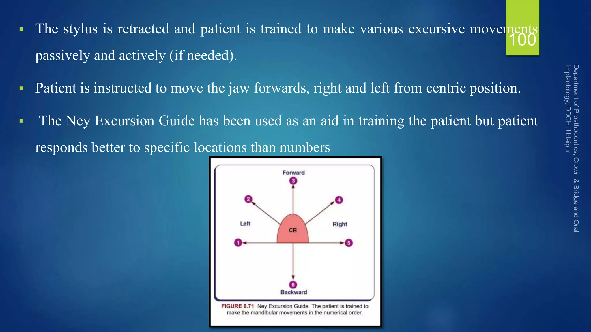  The stylus is retracted and patient is trained to make various excursive movements
passively and actively (if needed).
 Patient is instructed to move the jaw forwards, right and left from centric position.
 The Ney Excursion Guide has been used as an aid in training the patient but patient
responds better to specific locations than numbers
100
 