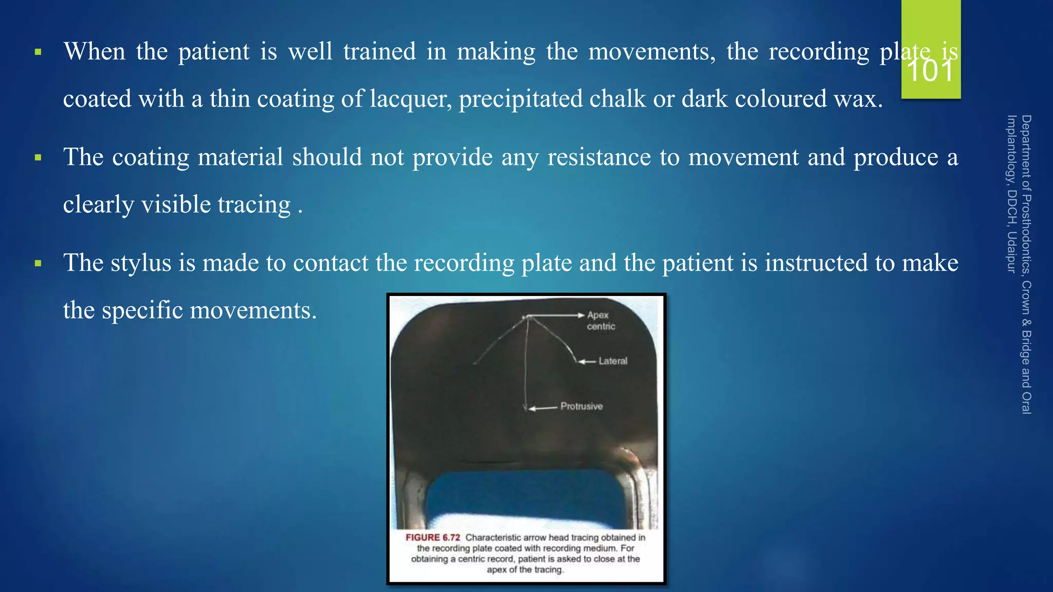  When the patient is well trained in making the movements, the recording plate is
coated with a thin coating of lacquer, precipitated chalk or dark coloured wax.
 The coating material should not provide any resistance to movement and produce a
clearly visible tracing .
 The stylus is made to contact the recording plate and the patient is instructed to make
the specific movements.
101
 