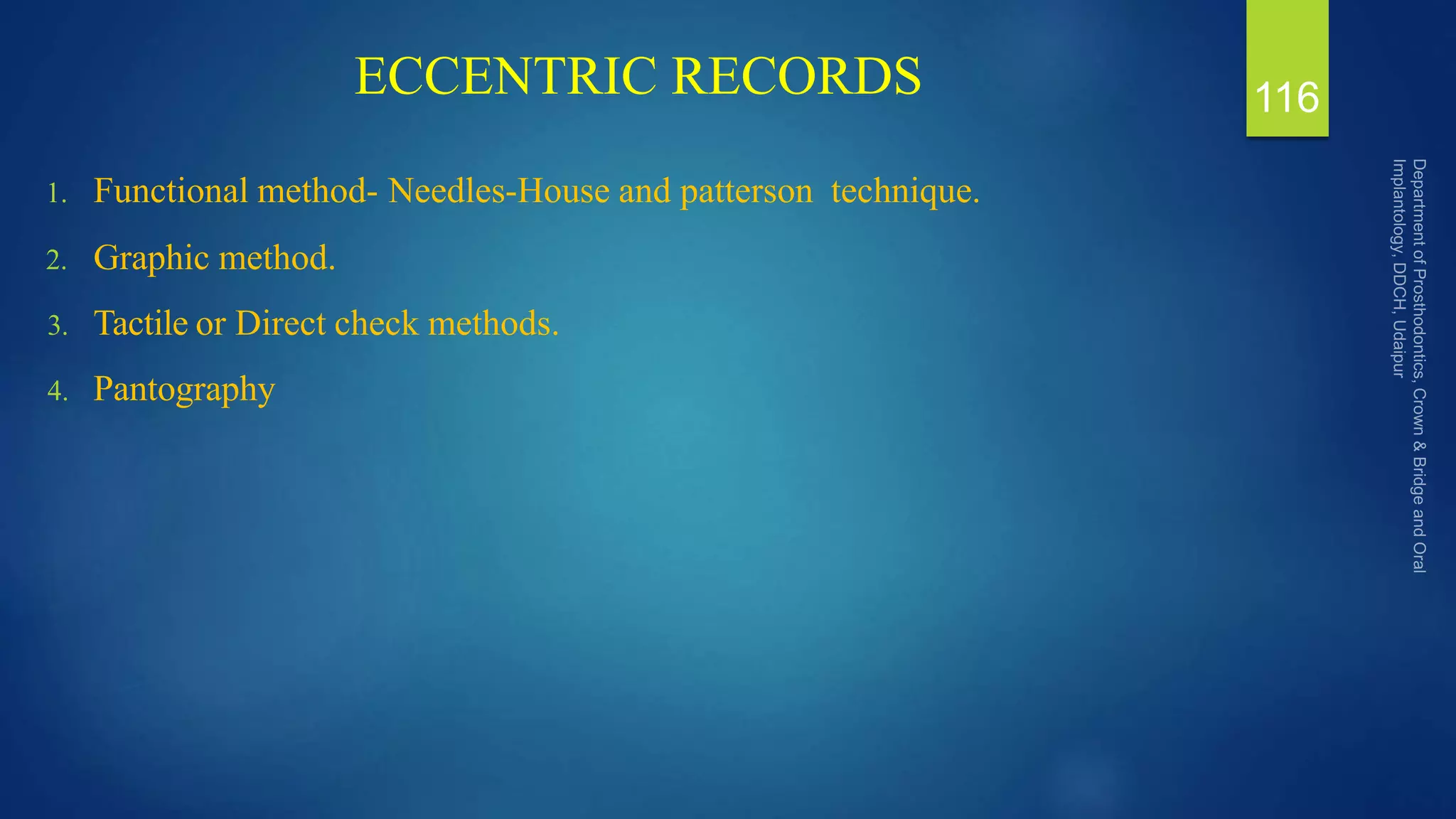 ECCENTRIC RECORDS
1. Functional method- Needles-House and patterson technique.
2. Graphic method.
3. Tactile or Direct check methods.
4. Pantography
116
 