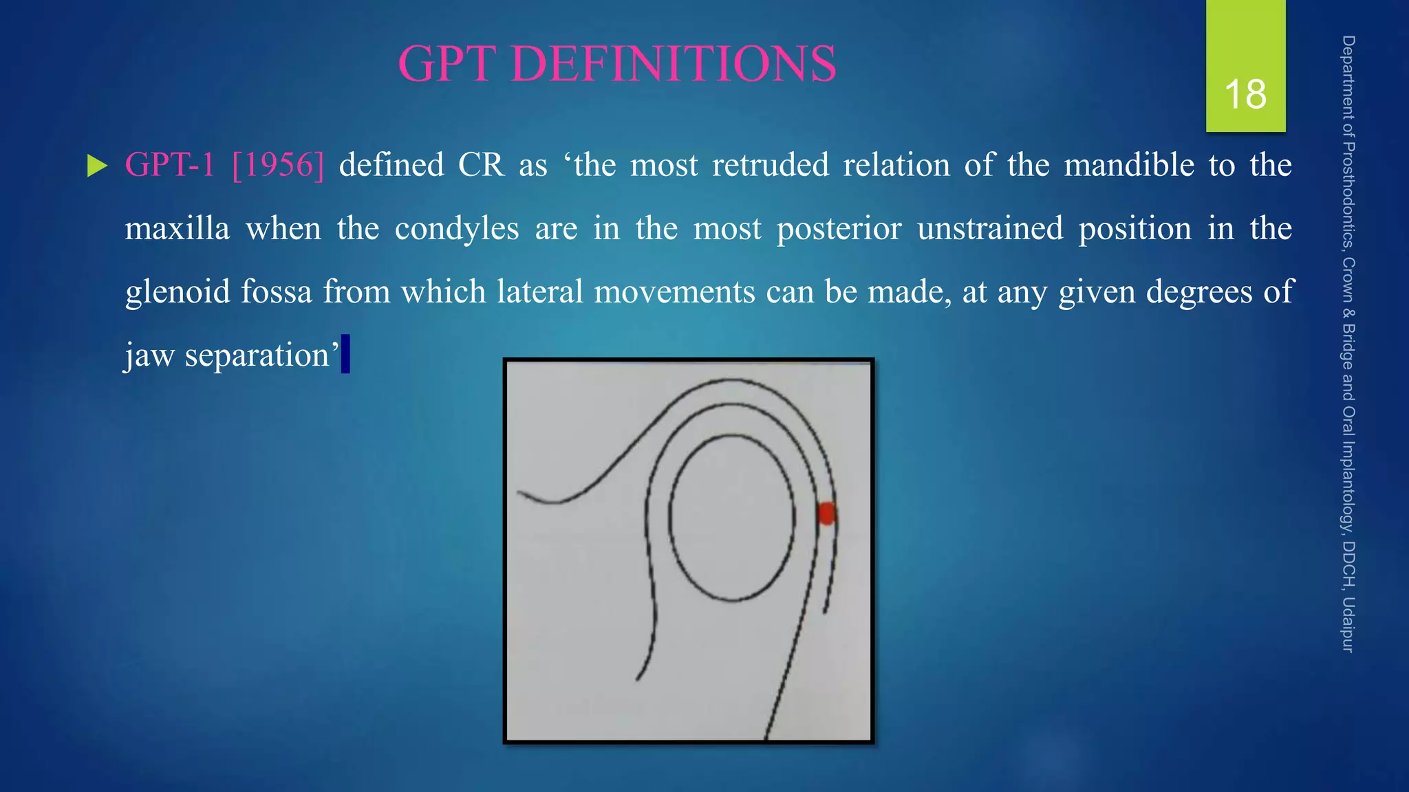 GPT DEFINITIONS
 GPT-1 [1956] defined CR as ‘the most retruded relation of the mandible to the
maxilla when the condyles are in the most posterior unstrained position in the
glenoid fossa from which lateral movements can be made, at any given degrees of
jaw separation’
18
 