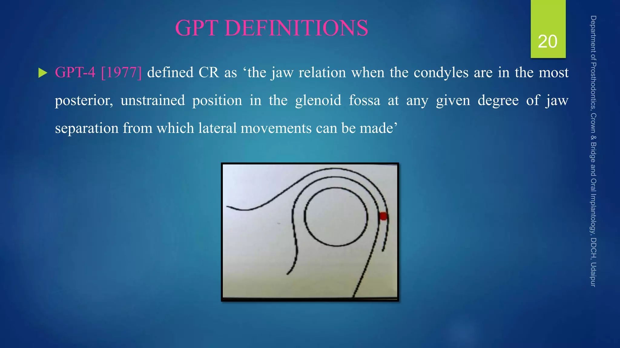 GPT DEFINITIONS
 GPT-4 [1977] defined CR as ‘the jaw relation when the condyles are in the most
posterior, unstrained position in the glenoid fossa at any given degree of jaw
separation from which lateral movements can be made’
20
 