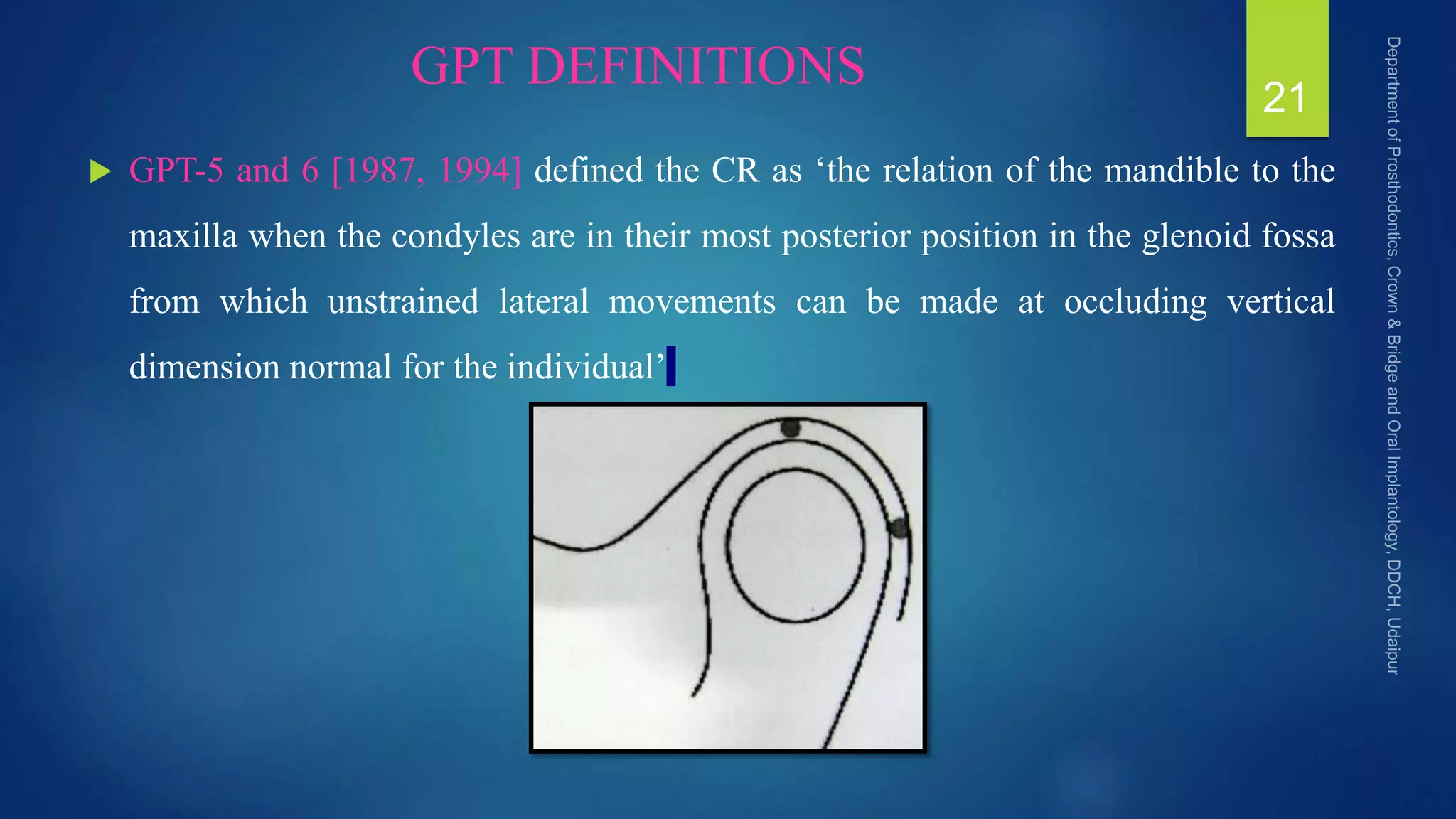 GPT DEFINITIONS
 GPT-5 and 6 [1987, 1994] defined the CR as ‘the relation of the mandible to the
maxilla when the condyles are in their most posterior position in the glenoid fossa
from which unstrained lateral movements can be made at occluding vertical
dimension normal for the individual’
21
 