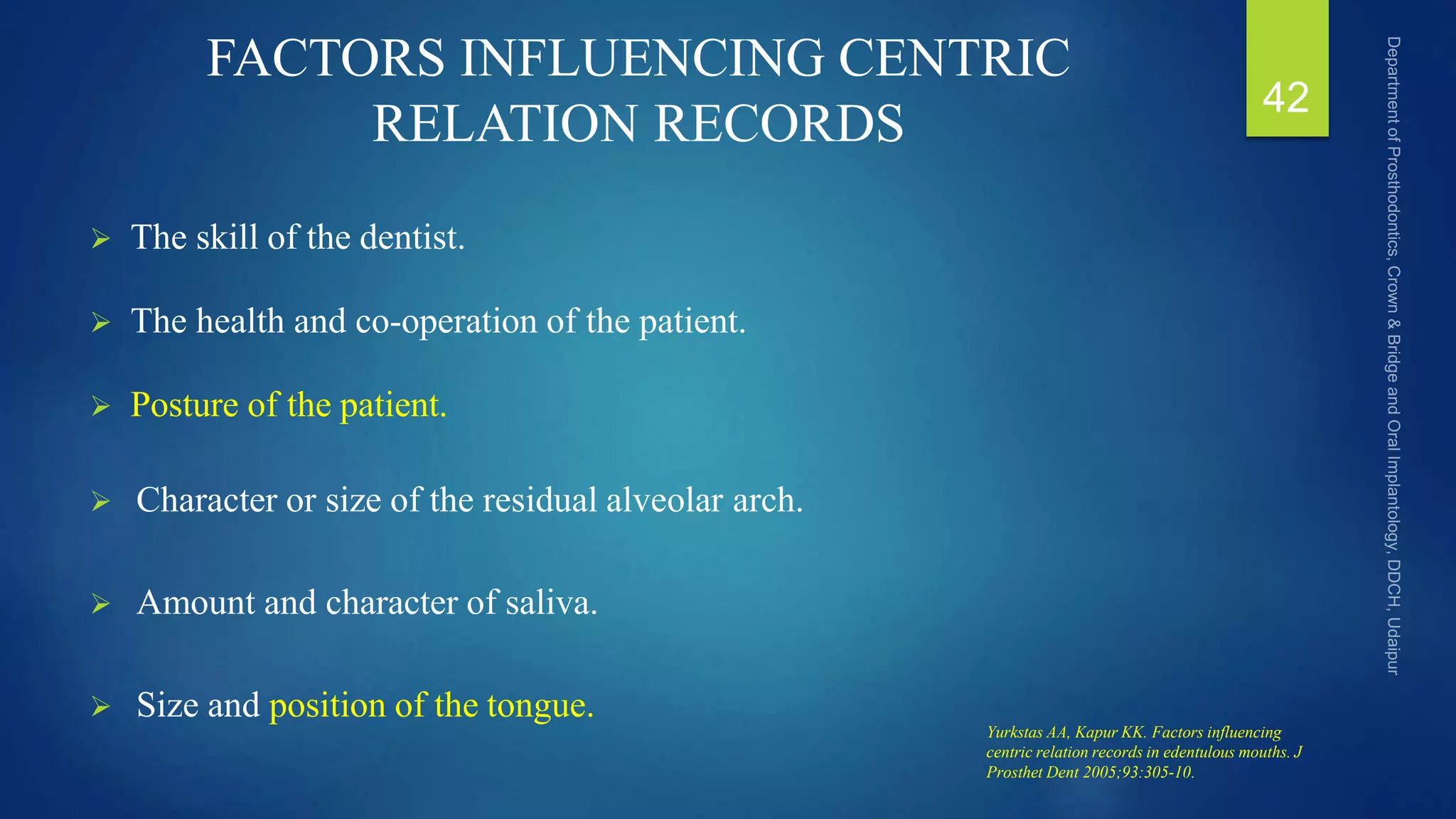 FACTORS INFLUENCING CENTRIC
RELATION RECORDS
 The skill of the dentist.
 The health and co-operation of the patient.
 Posture of the patient.
 Character or size of the residual alveolar arch.
 Amount and character of saliva.
 Size and position of the tongue.
42
Yurkstas AA, Kapur KK. Factors influencing
centric relation records in edentulous mouths. J
Prosthet Dent 2005;93:305-10.
 