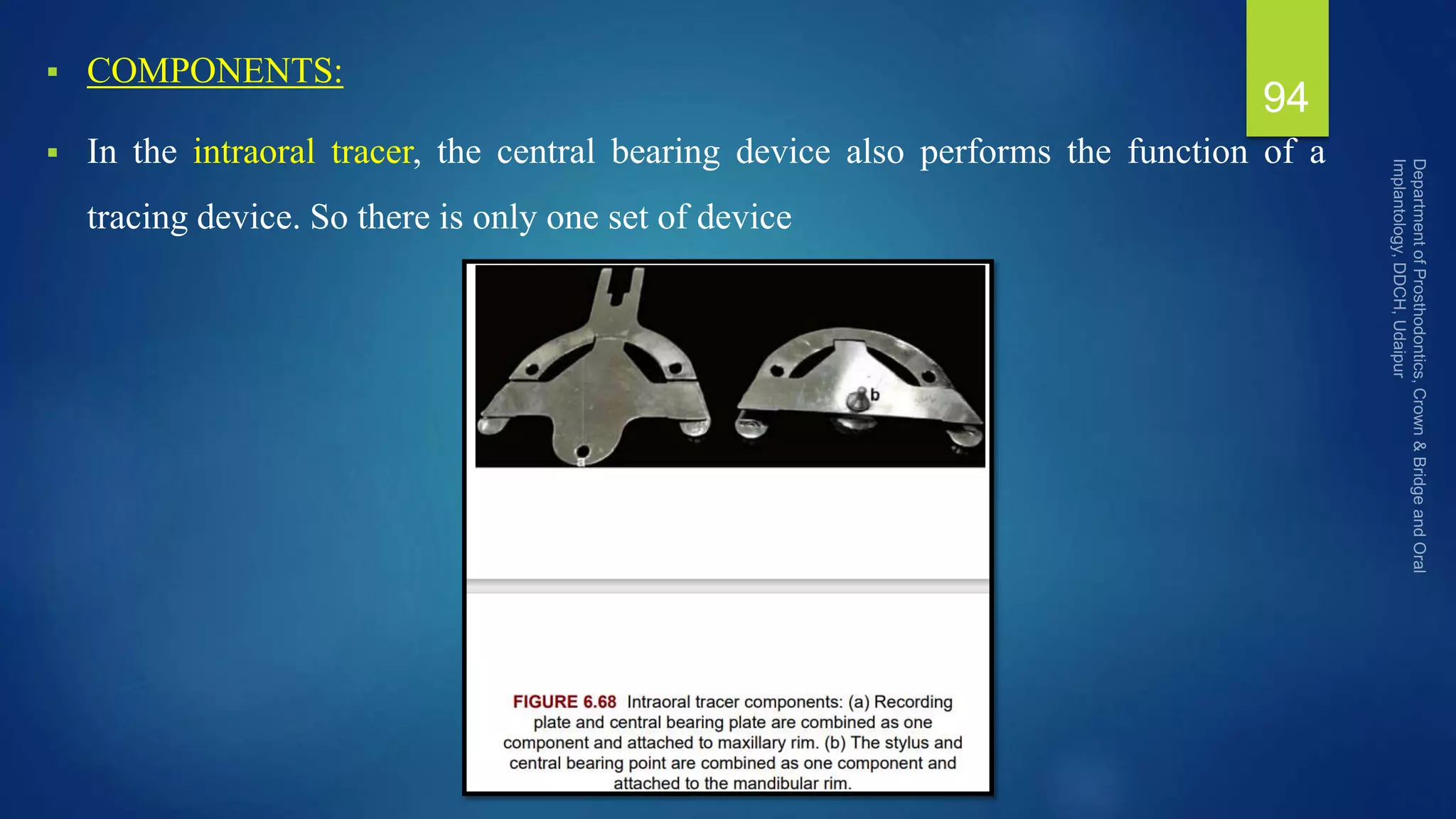  COMPONENTS:
 In the intraoral tracer, the central bearing device also performs the function of a
tracing device. So there is only one set of device
94
 