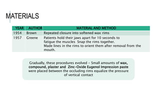 YEAR AUTHOR MATERIAL AND METHOD
1954 Brown Repeated closure into softened wax rims
1957 Greene Patients hold their jaws apart for 10 seconds to
fatigue the muscles Snap the rims together.
Made lines in the rims to orient them after removal from the
mouth.
Gradually, these procedures evolved - Small amounts of wax,
compound, plaster and Zinc-Oxide Eugenol Impression paste
were placed between the occluding rims equalize the pressure
of vertical contact
MATERIALS
 