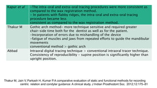 Kapur et al -The intra-oral and extra-oral tracing procedures were more consistent as
compared to the wax registration method.
- In patients with flabby ridges, the intra-oral and extra-oral tracing
procedure became less
consistent as compared to the wax registration method.
Thakur M Gothic arch method- more technique sensitive and required greater
chair-side time both for the dentist as well as for the patient.
-Incorporation of errors due to mishandling of the device
-fatigue of muscles and jaws from repeated efforts to guide the mandibular
movements
conventional method > gothic arch
Abbad Intraoral digital tracing technique > conventional intraoral tracer technique.
Consistency of reproducibility - supine position is significantly higher than
upright position.
Thakur M, Jain V, Parkash H, Kumar P.A comparative evaluation of static and functional methods for recording
centric relation and condylar guidance: A clinical study. J Indian Prosthodont Soc. 2012;12:175–81
 