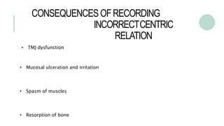 CONSEQUENCESOFRECORDING
INCORRECTCENTRIC
RELATION
• TMJ dysfunction
• Mucosal ulceration and irritation
• Spasm of muscles
• Resorption of bone
 