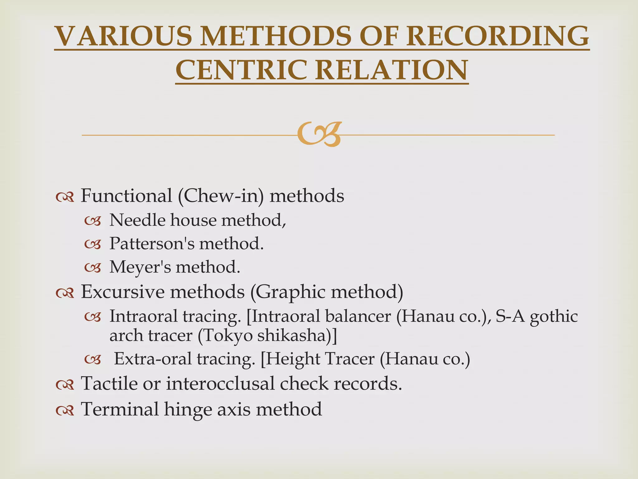 VARIOUS METHODS OF RECORDING
      CENTRIC RELATION

                              
 Functional (Chew-in) methods
    Needle house method,
    Patterson's method.
    Meyer's method.
 Excursive methods (Graphic method)
    Intraoral tracing. [Intraoral balancer (Hanau co.), S-A gothic
     arch tracer (Tokyo shikasha)]
    Extra-oral tracing. [Height Tracer (Hanau co.)
 Tactile or interocclusal check records.
 Terminal hinge axis method
 