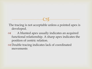 
The tracing is not acceptable unless a pointed apex is
  developed.
     A blunted apex usually indicates an acquired
  functional relationship. A sharp apex indicates the
  position of centric relation.
 Double tracing indicates lack of coordinated
  movements
 