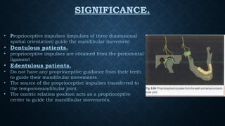 SIGNIFICANCE.
• Proprioceptive impulses (impulses of three dimensional
spatial orientation) guide the mandibular movement
• Dentulous patients.
• proprioceptive impulses are obtained from the periodontal
ligament
• Edentulous patients.
• Do not have any proprioceptive guidance from their teeth
to guide their mandibular movements.
• The source of the proprioceptive impulses transferred to
the temporomandibular joint.
• The centric relation position acts as a proprioceptive
center to guide the mandibular movements.
 