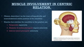 MUSCLE INVOLVEMENT IN CENTRIC
RELATION.
• Okeson, describes it as the most orthopedically and
musculoskeletal stable position of the mandible.
• Muscles that stabilize the mandible in this position are:
1. Temporalis: superiorly.
2. Masseter & medial pterygoid: supero-anteriorly.
3. Inferior lateral pterygoid: anteriorly.
 