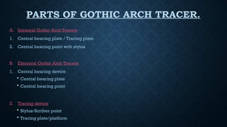 PARTS OF GOTHIC ARCH TRACER.
A. Intraoral Gothic Arch Tracers
1. Central bearing plate / Tracing plate
2. Central bearing point with stylus
B. Extraoral Gothic Arch Tracers
1. Central bearing device
 Central bearing plate
 Central bearing point
2. Tracing device
 Stylus/Scriber point
 Tracing plate/platform
 