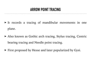 ARROW POINT TRACING
➤ It records a tracing of mandibular movements in one
plane.
➤ Also known as Gothic arch tracing, Stylus tracing, Centric
bearing tracing and Needle point tracing.
➤ First proposed by Hesse and later popularized by Gysi.
 
