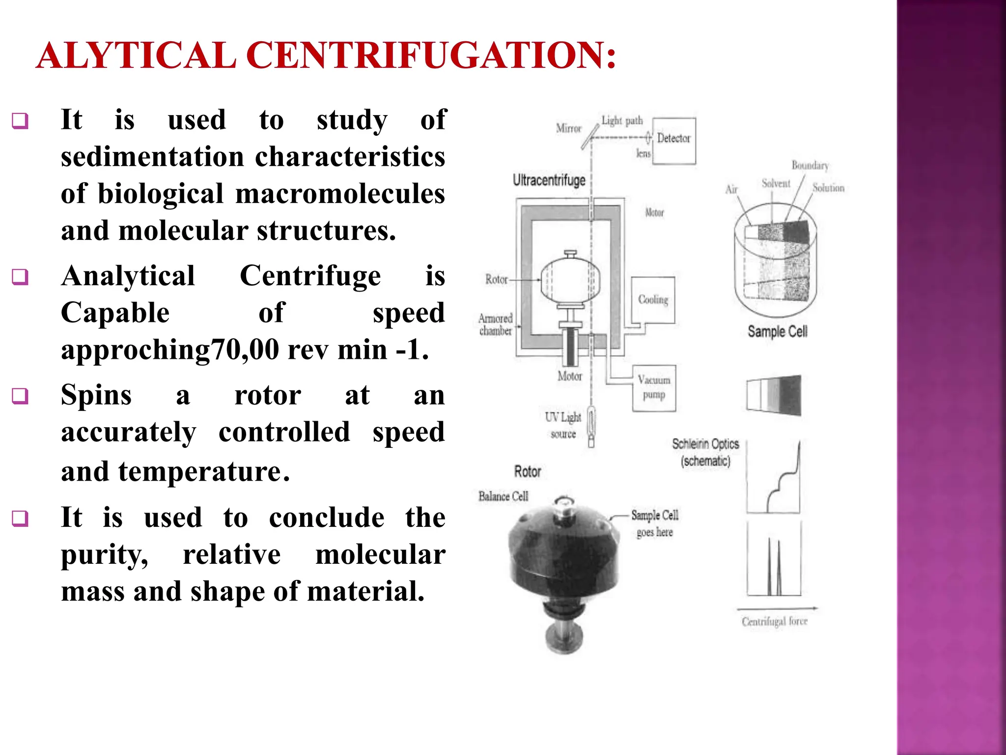  It is used to study of
sedimentation characteristics
of biological macromolecules
and molecular structures.
 Analytical Centrifuge is
Capable of speed
approching70,00 rev min -1.
 Spins a rotor at an
accurately controlled speed
and temperature.
 It is used to conclude the
purity, relative molecular
mass and shape of material.
 