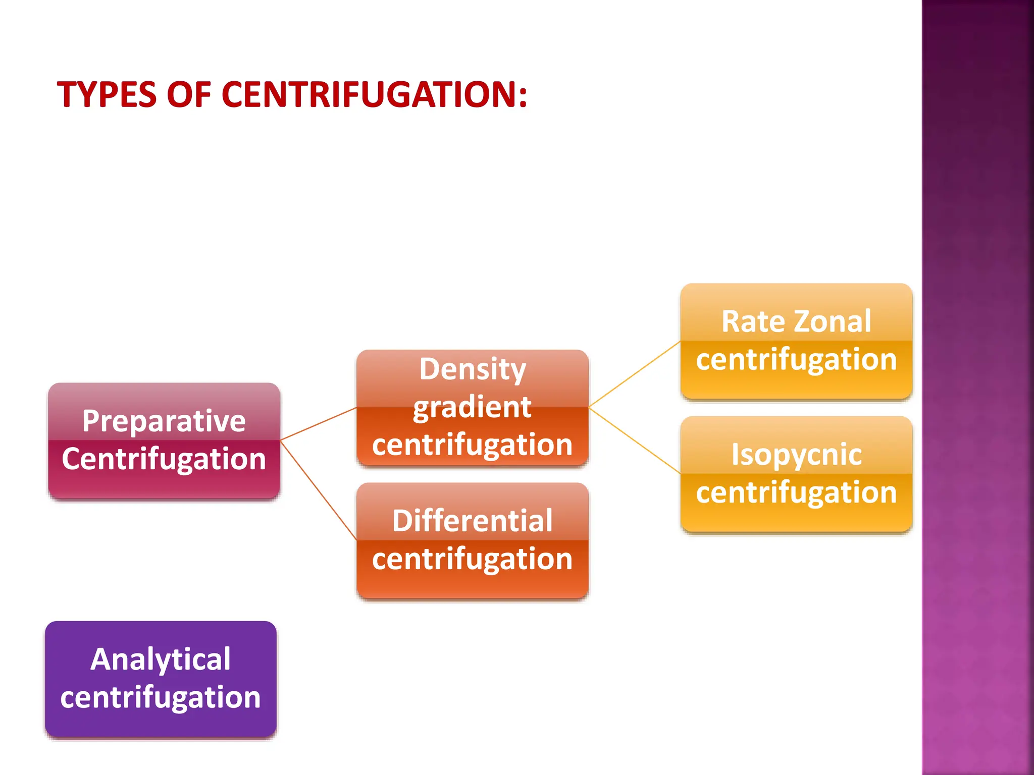 Preparative
Centrifugation
Density
gradient
centrifugation
Rate Zonal
centrifugation
Isopycnic
centrifugation
Differential
centrifugation
Analytical
centrifugation
 