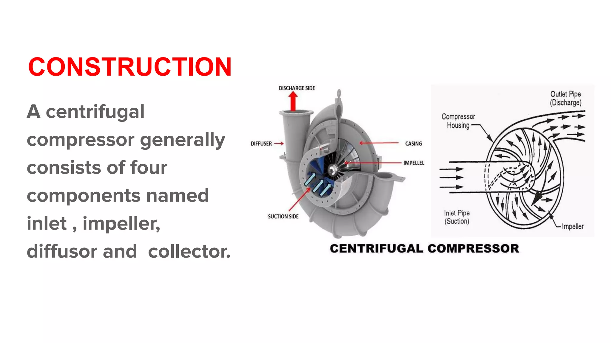 CONSTRUCTION
A centrifugal
compressor generally
consists of four
components named
inlet , impeller,
diﬀusor and collector.
 