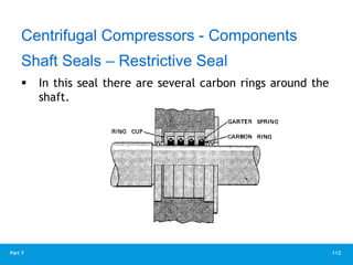 112
Part 7
 In this seal there are several carbon rings around the
shaft.
Centrifugal Compressors - Components
Shaft Seals – Restrictive Seal
 