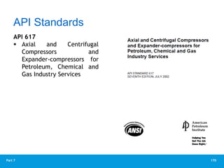 170
Part 7
API 617
 Axial and Centrifugal
Compressors and
Expander-compressors for
Petroleum, Chemical and
Gas Industry Services
API Standards
 