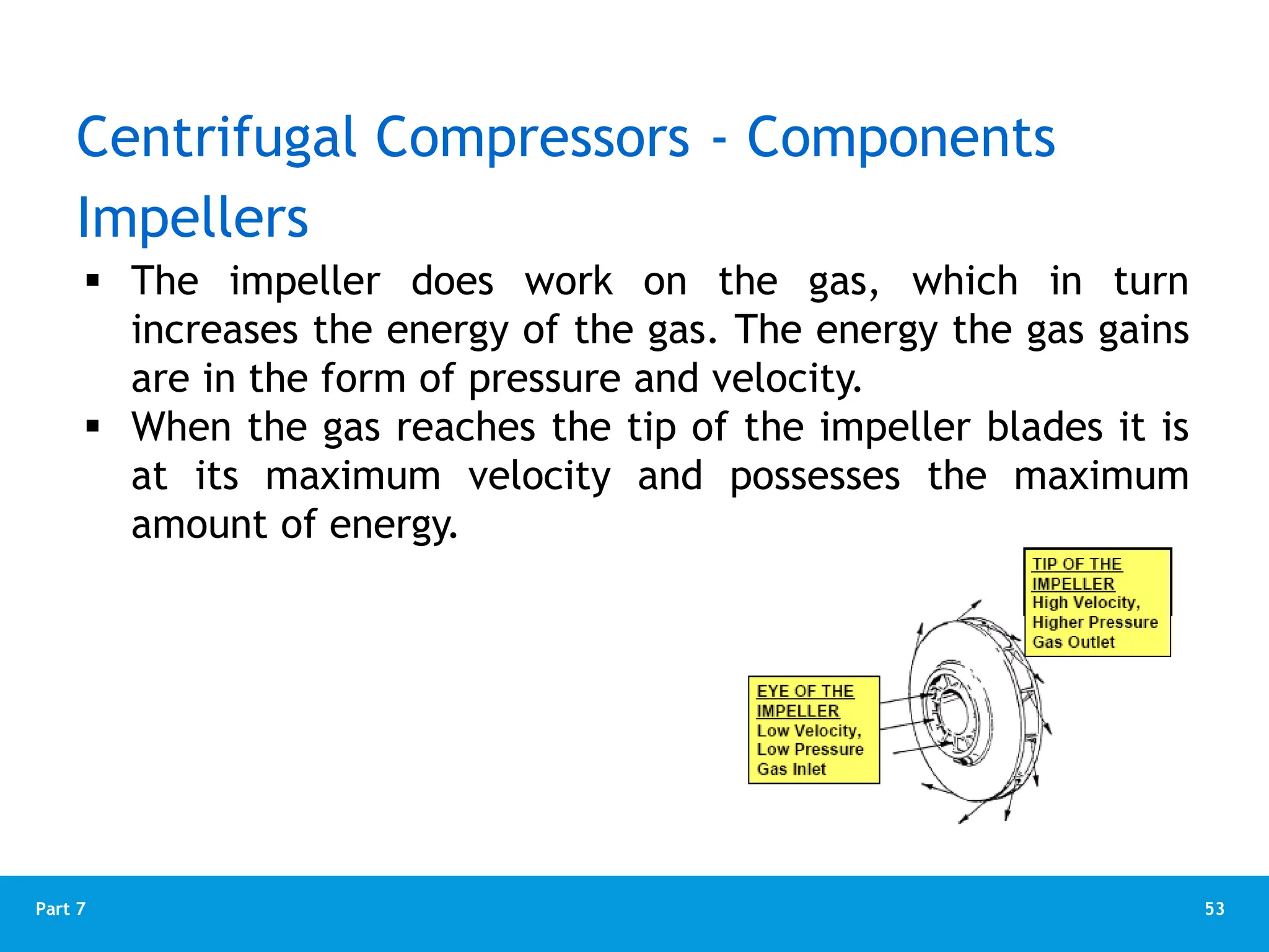 53
Part 7
 The impeller does work on the gas, which in turn
increases the energy of the gas. The energy the gas gains
are in the form of pressure and velocity.
 When the gas reaches the tip of the impeller blades it is
at its maximum velocity and possesses the maximum
amount of energy.
Impellers
Centrifugal Compressors - Components
 