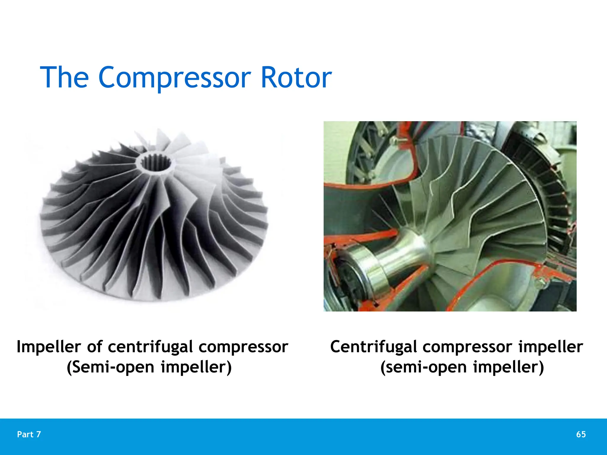 65
Part 7
The Compressor Rotor
Impeller of centrifugal compressor Centrifugal compressor impeller
(Semi-open impeller) (semi-open impeller)
 