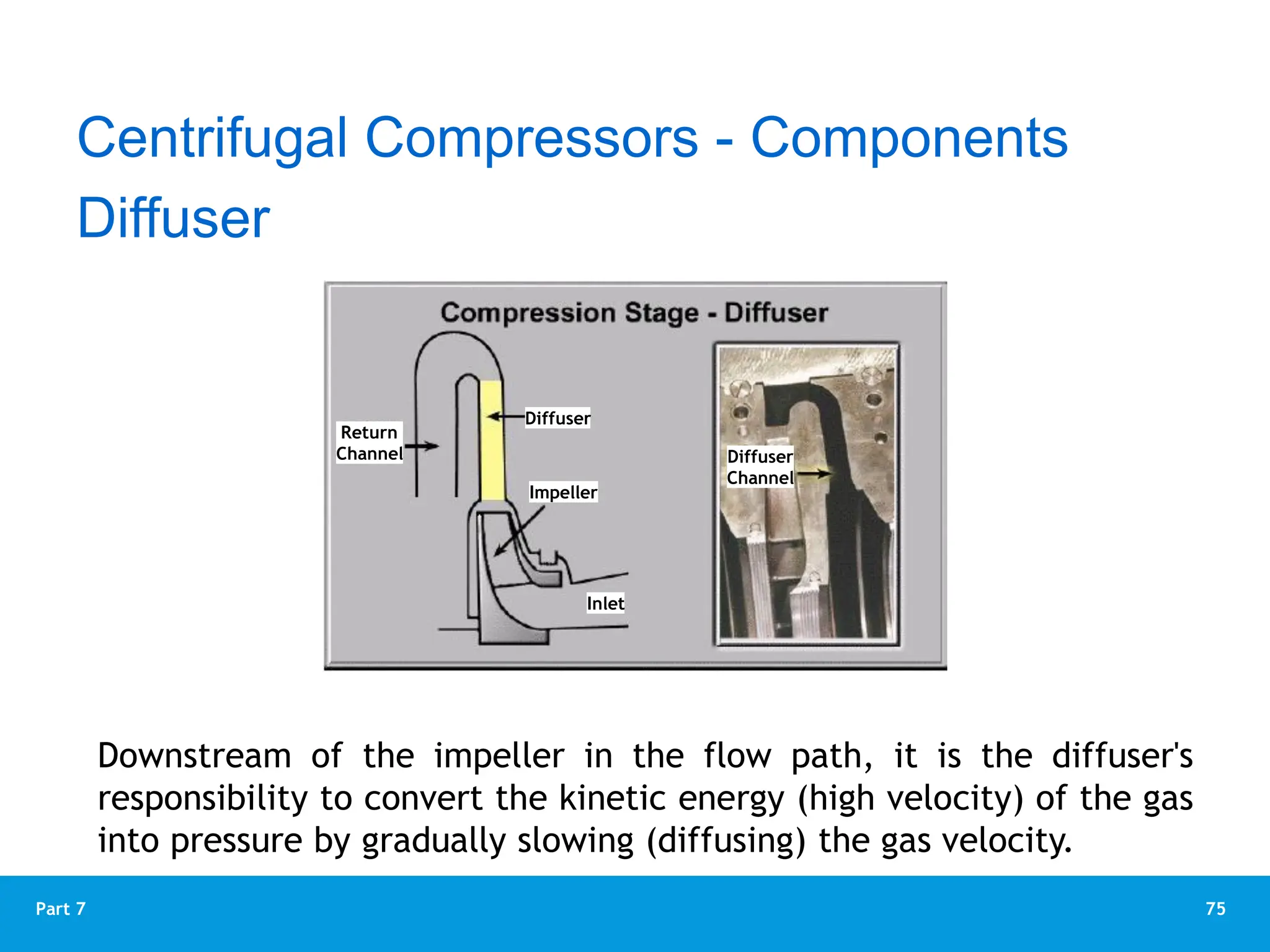 75
Part 7
Diffuser
Downstream of the impeller in the flow path, it is the diffuser's
responsibility to convert the kinetic energy (high velocity) of the gas
into pressure by gradually slowing (diffusing) the gas velocity.
Centrifugal Compressors - Components
Return
Channel
Diffuser
Impeller
Inlet
Diffuser
Channel
 