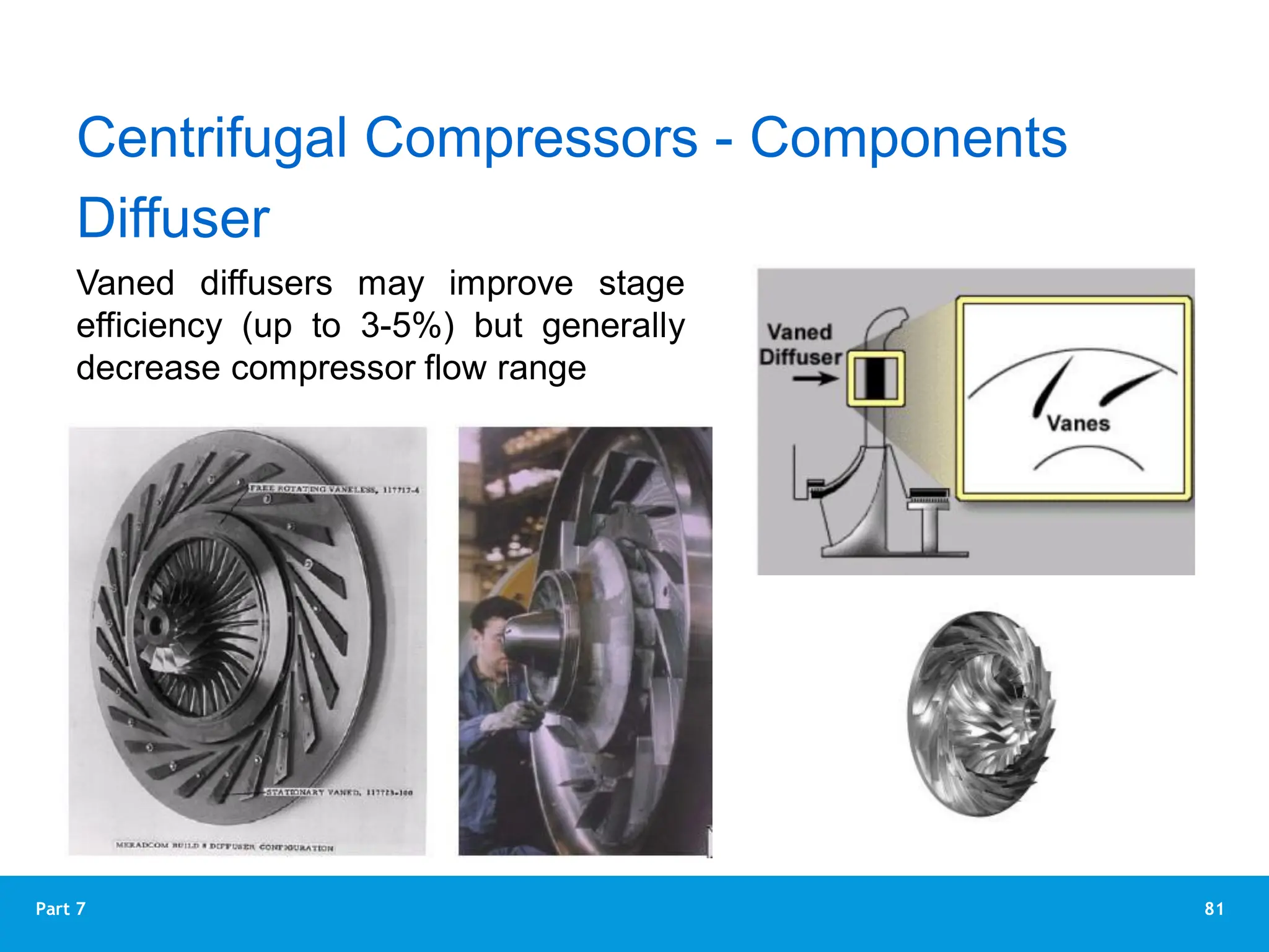 81
Part 7
Diffuser
Vaned diffusers may improve stage
efficiency (up to 3-5%) but generally
decrease compressor flow range
Centrifugal Compressors - Components
 