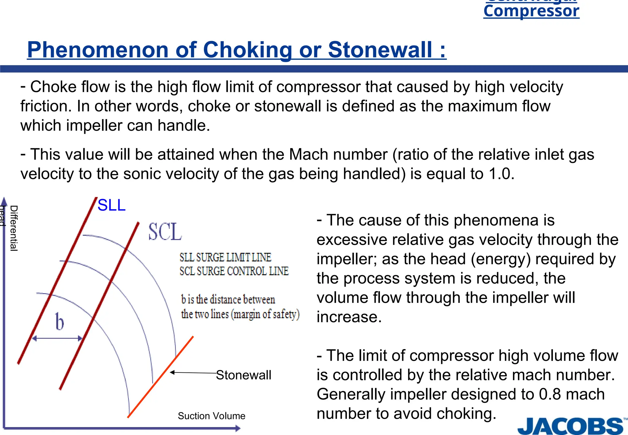 Centrifugal
Compressor
Phenomenon of Choking or Stonewall :
- Choke flow is the high flow limit of compressor that caused by high velocity
friction. In other words, choke or stonewall is defined as the maximum flow
which impeller can handle.
- This value will be attained when the Mach number (ratio of the relative inlet gas
velocity to the sonic velocity of the gas being handled) is equal to 1.0.
Stonewall
Differential
Suction Volume
- The cause of this phenomena is
excessive relative gas velocity through the
impeller; as the head (energy) required by
the process system is reduced, the
volume flow through the impeller will
increase.
- The limit of compressor high volume flow
is controlled by the relative mach number.
Generally impeller designed to 0.8 mach
number to avoid choking.
SLL
 